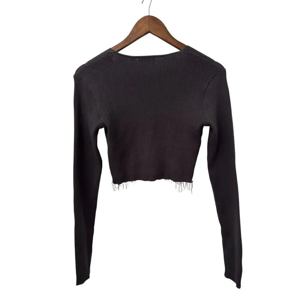 ZARA Gray Ribbed Knit Cropped Sweater w/ Pearl Rhinestone Fringe Hem - Size‎ M